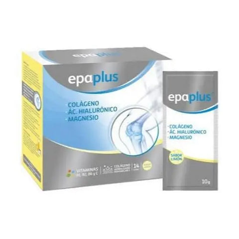 Epaplus collagen hyaluronic magnesium lemon flavor powder sachets by Jag Couture London and New York, showing 14 individual sachets.