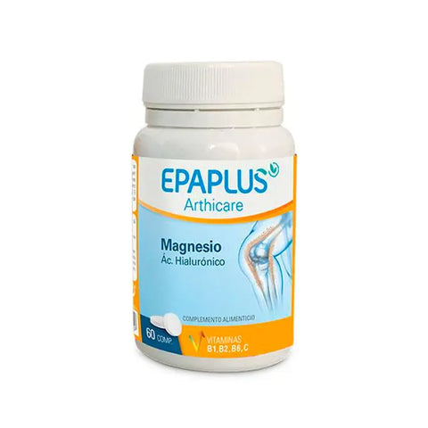Epaplus Magnesio and Acido Ialuronico supplement with 60 tablets, featuring white and green packaging with supplement branding.
