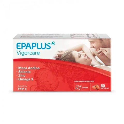 Epaplus Vigorcare+ 60 capsules by Jag Couture London - New York, featuring the supplement bottle with label and capsules inside.