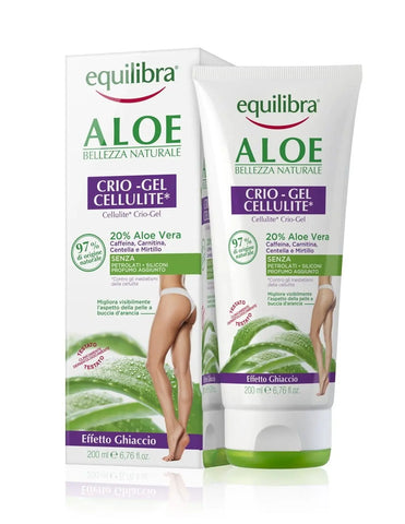 Equilibra Cellulite Aloe Crio Gel in 200ml jar, shown with packaging, designed to reduce cellulite and firm skin.