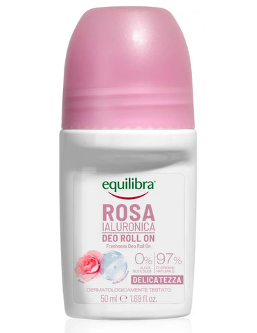 Equilibra Rose Gentle deodorant roll-on in 50ml bottle, featuring a soft floral scent, from Jag Couture London and New York.