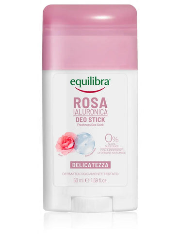 Equilibra Rose Gentle deodorant stick in a 50ml container, with pink rose design, by Jag Couture London New York.