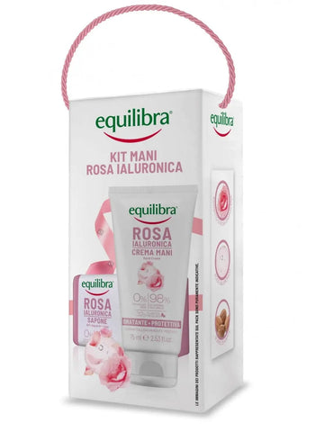 Equilibra Rosa Ialuronica Manos Set by Jag Couture London New York, featuring hand cream and skincare products with hyaluronic acid.