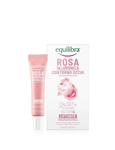 Equilibra Rose Ialuron Contour Eye cream by Jag Couture London New York, showing the elegant jar with rose imagery and product label.