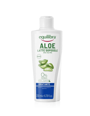 Equilibra Sun After Aloe Milk 200ml bottle with aloe vera for soothing skin after sun exposure, by Jag Couture London New York