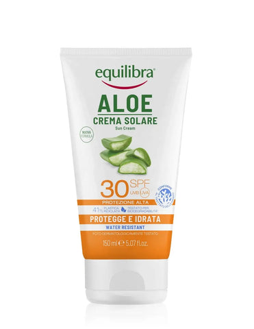 Equilibra Sun Aloe Pro UV F30 cream in a 150ml tube, featuring soothing aloe and sun protection ingredients.