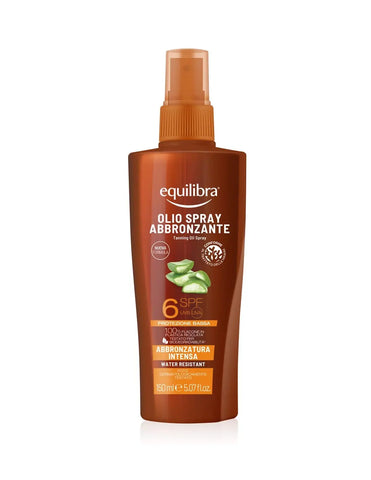 Equilibra Sun Tanning Oil F6 spray 150ml by Jag Couture London New York, showing the bottle with sun and beach background.