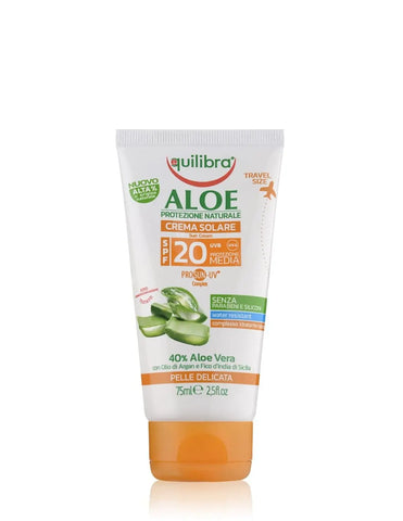 Equilibra Sun Viaje Aloe Pro UV F20 sunscreen tube with aloe vera, branded by Jag Couture London New York.