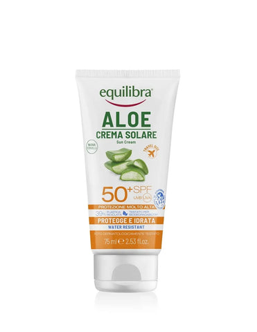 Equilibra Sun Viaje Aloe Pro UV F50 sunscreen tube by Jag Couture London New York, with SPF 50 and aloe vera ingredient visible.