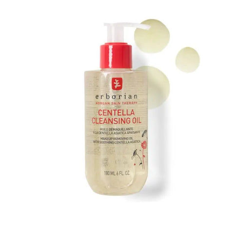 Erborian Centella Cleansing Oil in 180ml bottle, featuring a clear bottle with a pump dispenser and skincare branding.
