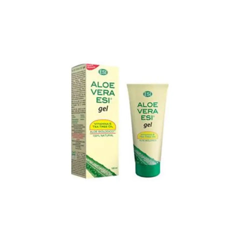 Esi Aloe Vera Gel with Tea Tree from Jag Couture London New York, 100g jar showing the gel and tea tree leaves.