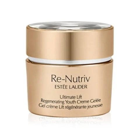 Jar of Estée Lauder Re-Nutriv Ultimate Lift Regenerating Youth Cream Gelée in 50ml jar, displayed with elegant packaging.