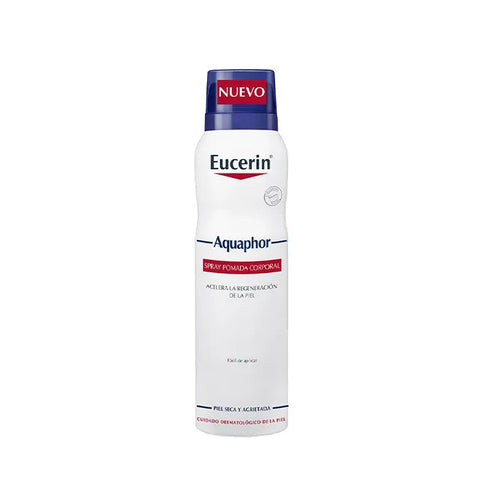 Eucerin Aquaphor Body Ointment Spray 250ml in a white and blue spray bottle, designed for skin hydration and repair.