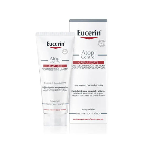 Eucerin AtopiControl Strong Cream 100ml, a skincare product in a white tube with blue accents, on a neutral background.