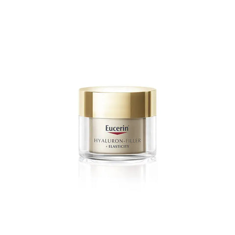Eucerin Elasticity Filler Night Cream 50ml jar with white lid, creamy texture, displayed on a clean surface.