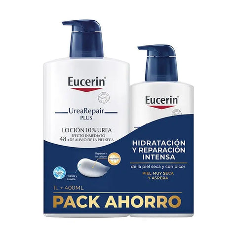 Eucerin Urea Repair Lotion family pack with 1000ml and 400ml bottles, moisturizing skin care by Jag Couture London New York.
