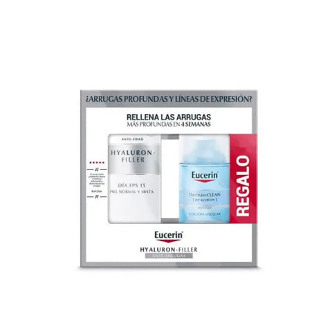 Eucerin Hyaluron-Filler Day SPF15 moisturizer for normal and mixed skin with DermatoCLEAN Micellar Water gift, by Jag Couture London.
