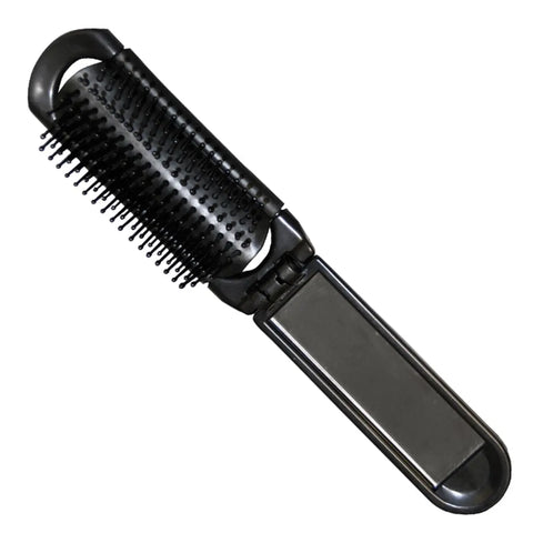 Foldable black hairbrush with mirror by Eurostil, featuring a compact design and sleek black finish.