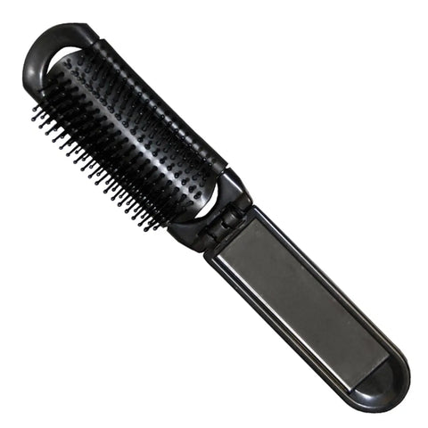 Eurostil foldable black hairbrush with mirror, compact and portable, from Jag Couture London New York.