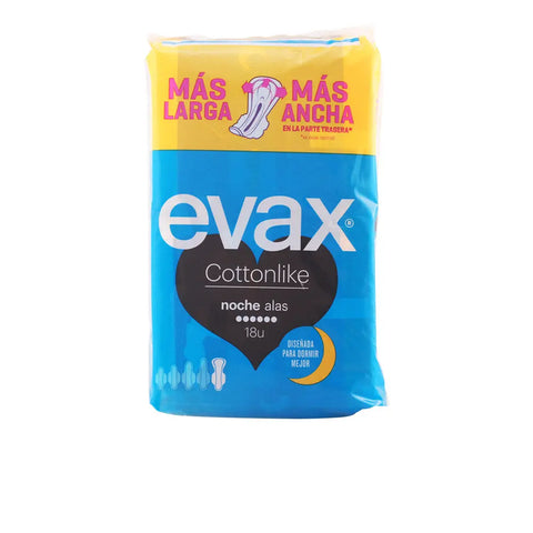 Evax Cottonlike Night with Wings sanitary towels, 18 units, with soft cottonlike material and winged design for overnight protection.