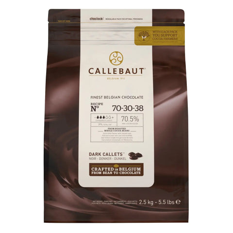 Extra dark 70% chocolate callets from Jag Couture London New York, smooth, glossy, and perfect for baking or chocolate making.
