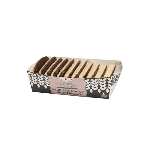 Jag Couture London-New York farmhouse dark chocolate shortbread biscuits in a tray, showcasing rich, crumbly texture and dark chocolate coating.