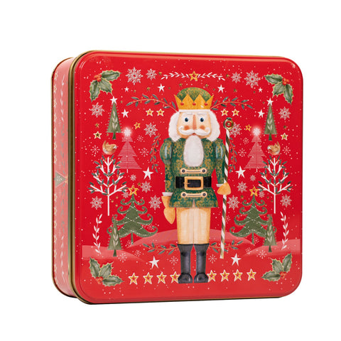 Jag Couture London New York Nutcracker square tin of assorted biscuits, featuring festive packaging and a variety of sweet treats.