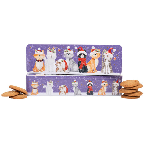 Jag Couture London Christmas Cats tin of stem ginger biscuits, rectangular metal container with festive cat design.