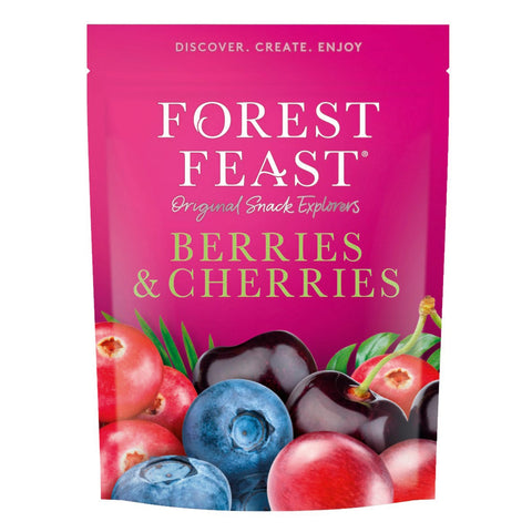 Jag Couture London berries and cherries in a pouch, fresh forest feast fruit mix, vibrant and colorful for healthy snacking.