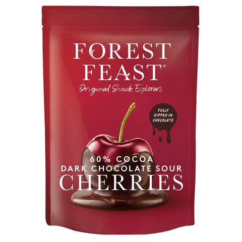 Dark Belgian chocolate-dipped sour cherries from Forest Feast by Jag Couture London and New York, shown in the image.