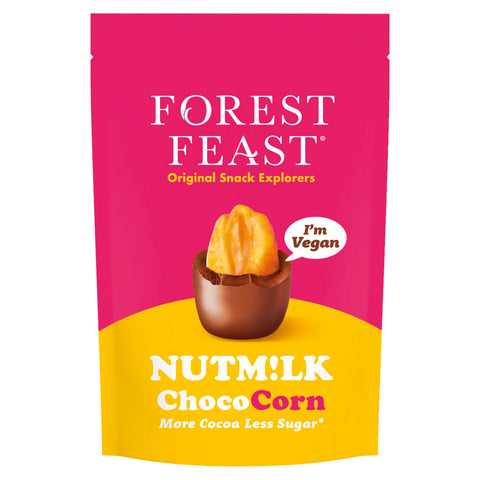 Jag Couture London New York Forest Feast Nutm!lk Choco corn share pack, crunchy chocolate-coated corn snacks in a colorful bag