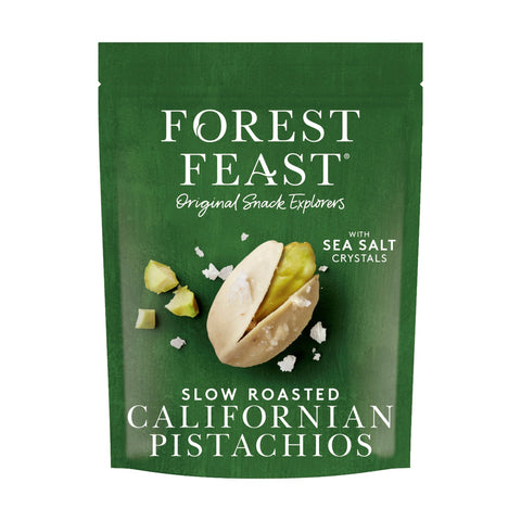 Jag Couture London Californian pistachios in pouch, natural snack with forest feast branding, showcasing the product packaging.