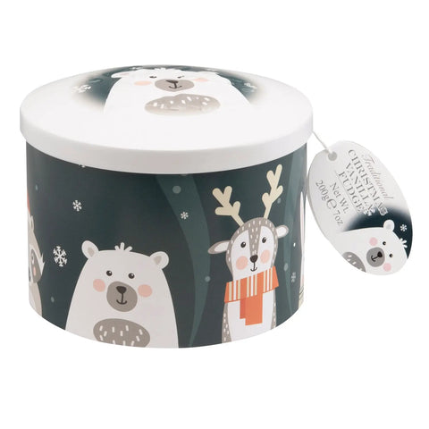 Festive friends tin of vanilla fudge by Jag Couture London-New York, featuring colorful holiday-themed packaging.