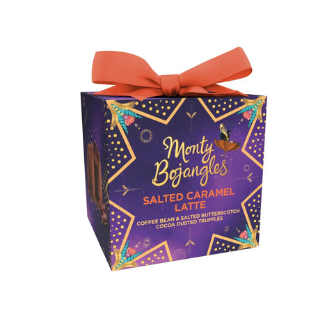 Festive gift box of salted caramel latte flavored cocoa dusted truffles by Jag Couture London New York.