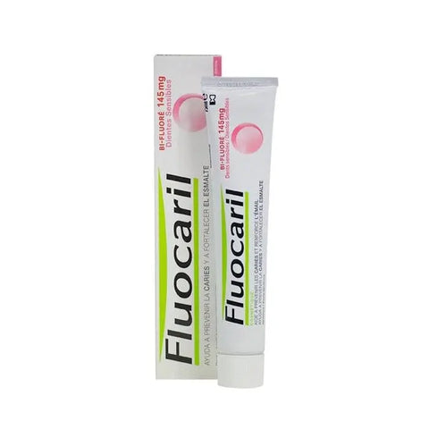 Fluocaril Bi-fluore 145 Sensitive Teeth toothpaste in two 75ml tubes, designed for sensitive teeth, branded by Jag Couture London New York.