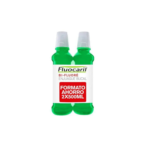 Fluocaril Bi Fluore mouthwash duo in two 500ml bottles, featuring clear labels and blue liquid, on a white background.