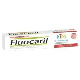 Fluocaril Kids strawberry-flavored toothpaste for ages 2-6, 50ml tube, with colorful packaging featuring cartoon characters.