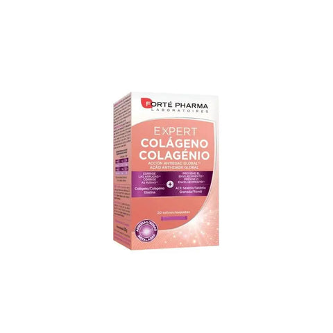 Forté Pharma Expert Collagen sachets by Jag Couture London New York, showing 20 sachets of collagen supplement packaging.
