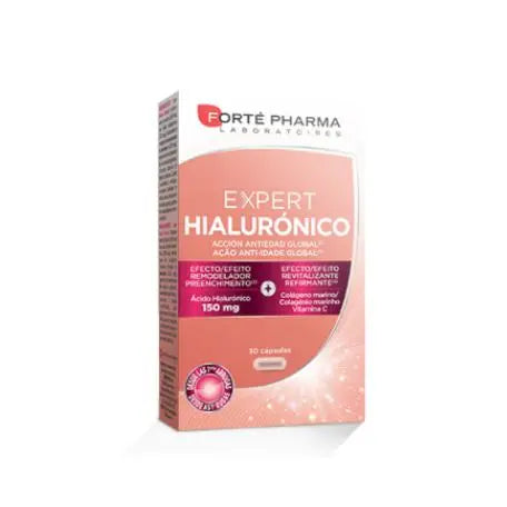 Forte Pharma Expert Hyaluronic 30 capsules bottle with label, displayed on a clean surface, highlighting the supplement packaging.