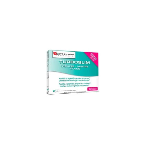 Forte Pharma Turboslim Vientre Plano dietary supplement box with 56 capsules, featuring branding from Jag Couture London New York