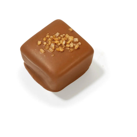 Mini milk chocolate with caramel by Jag Couture London, showing a small 12g chocolate piece with a smooth caramel filling.