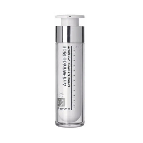 Frezyderm Anti-Wrinkle Rich Lifting and Firming Day Cream in 50ml jar, featuring a sleek packaging with a white and gold design.