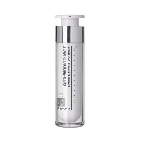 Frezyderm anti-wrinkle rich lifting and firming day cream in 50ml jar, with smooth cream visible in the image.