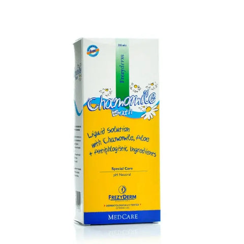 Frezyderm Baby Chamomile Bath 200ml bottle, gentle skincare product for infants with chamomile extract, displayed in clear packaging.