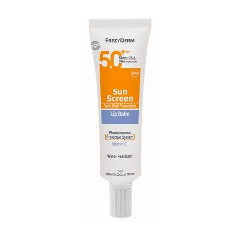 Frezyderm SPF50+ Sun Screen Lip Balm in 15ml tube, featuring protective cap, branded by Jag Couture London New York.