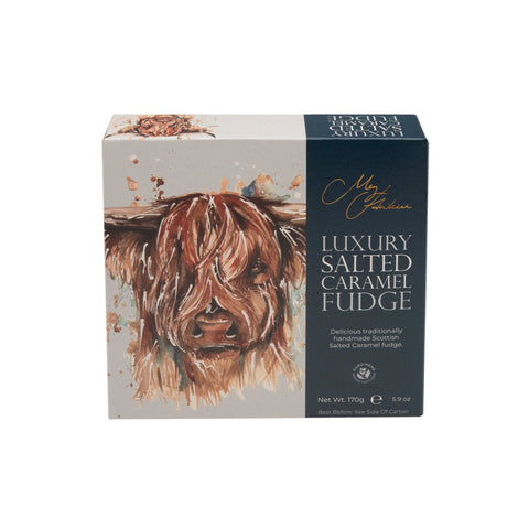 Meg Hawkins Highland Cow salted caramel fudge carton by Jag Couture London - New York, featuring a highland cow design on the packaging.
