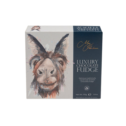 Meg Hawkins donkey-shaped chocolate fudge in a carton from Jag Couture London - New York, displayed with detailed packaging and chocolate texture.