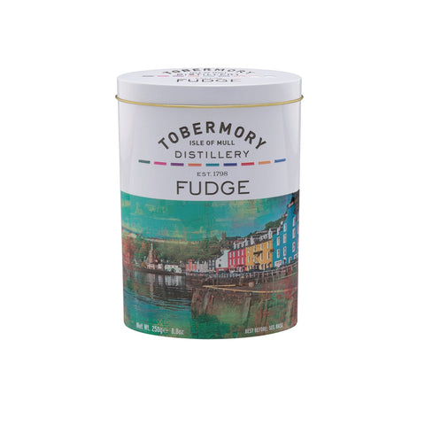 Tobermory flavored fudge in an oval tin from Jag Couture London - New York, showcasing the colorful packaging and fudge pieces inside.