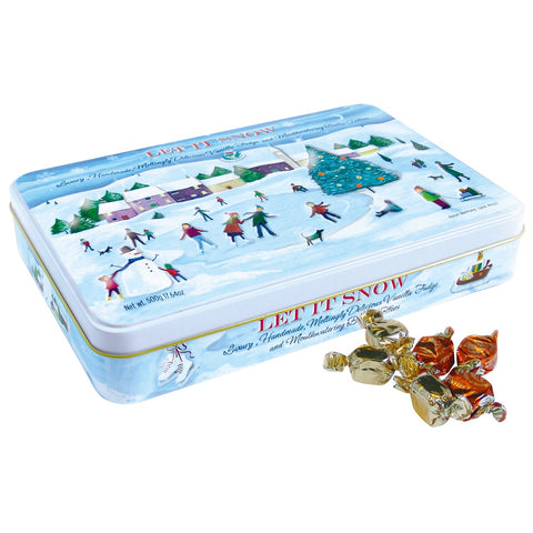 Let it Snow skate scene tin of vanilla fudge and butter toffees by Jag Couture London-New York, featuring festive winter design.