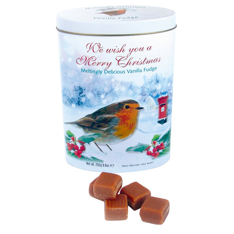 Robin-shaped Christmas tin from Jag Couture London featuring vanilla fudge, festive holiday packaging for seasonal treats.